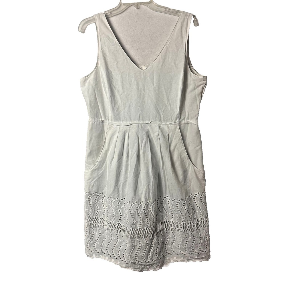 J Crew Dress sz 12 White Eyelet‎ trim sleeveless cotton v neck knee romantic